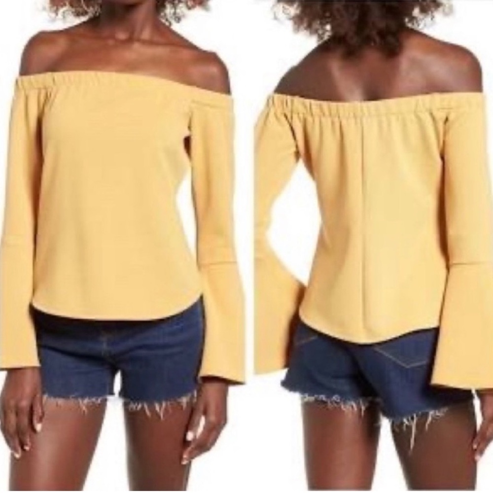 Leith yellow mustard off the shoulder flared bell sleeves